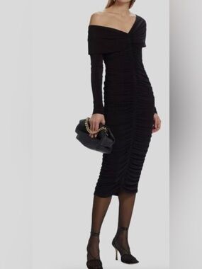 A.L.C. Black Ruched Jersey Midi Dress bodycon Long Sleeve Size S nwot